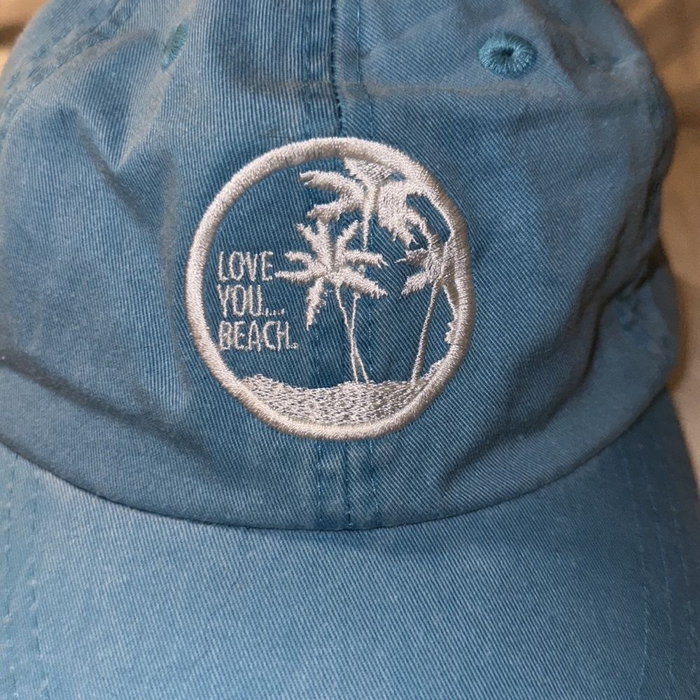 ADAMS OS Vintage Wash Sky Blue White Embroidered LOVE YOU BEACH Cotton Cap - Picture 2 of 10